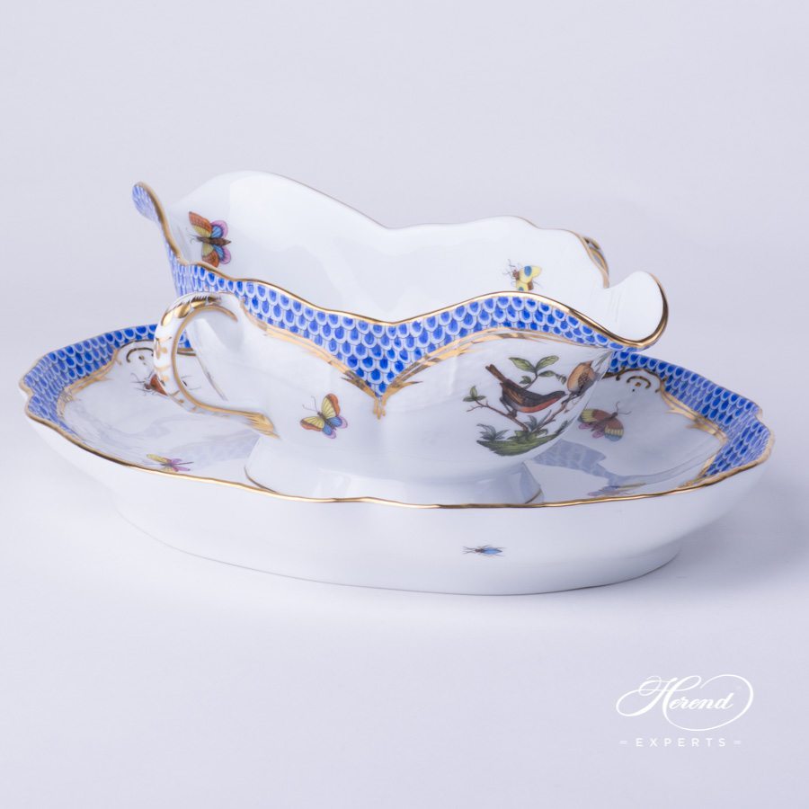 带椭圆盘的船型酱料碗 – 罗丝柴尔德鸟 蓝色鱼鳞纹 – 海兰德细瓷