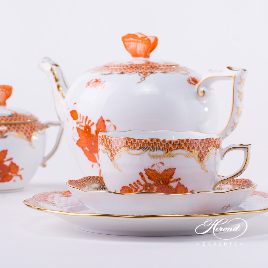茶具套装 双人份 – 中国花束 / 阿波尼橙色 鱼鳞纹 – 海兰德细瓷